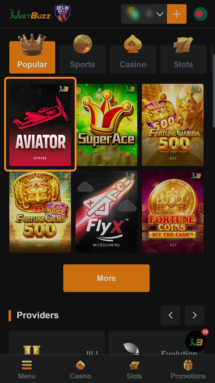 Find Aviator in the casino lobby on the official Jeetbuzz site.