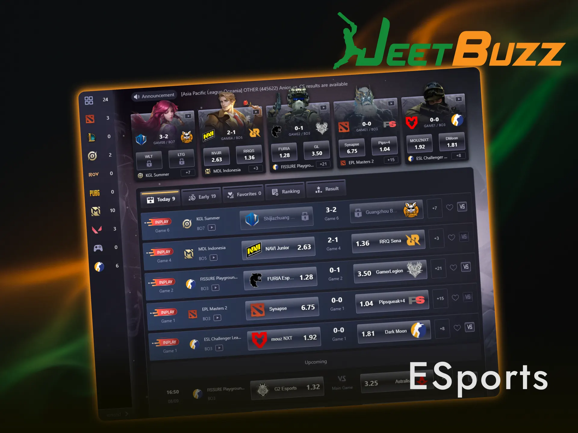 Explore competitive eSports tournaments and live betting markets on Jeetbuzz.