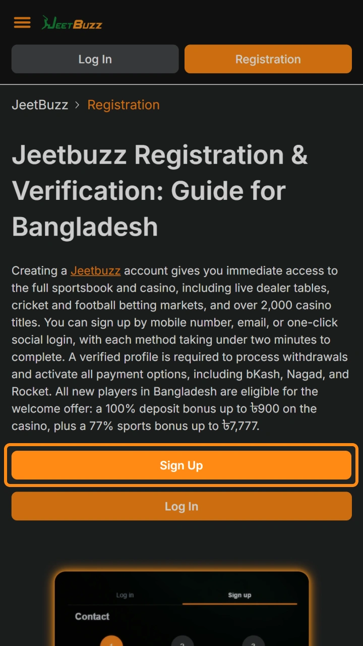 Click the sign up button to register your Jeetbuzz registration account.