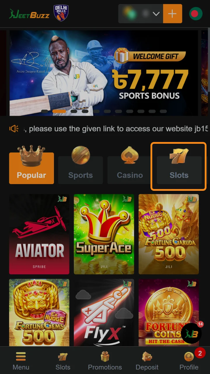 Navigate to slots section on Jeetbuzz to browse popular games.